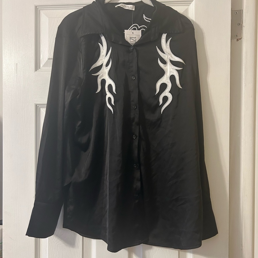 12th Tribe Danica Black Button-Up Shirt with White Western Embroidery
